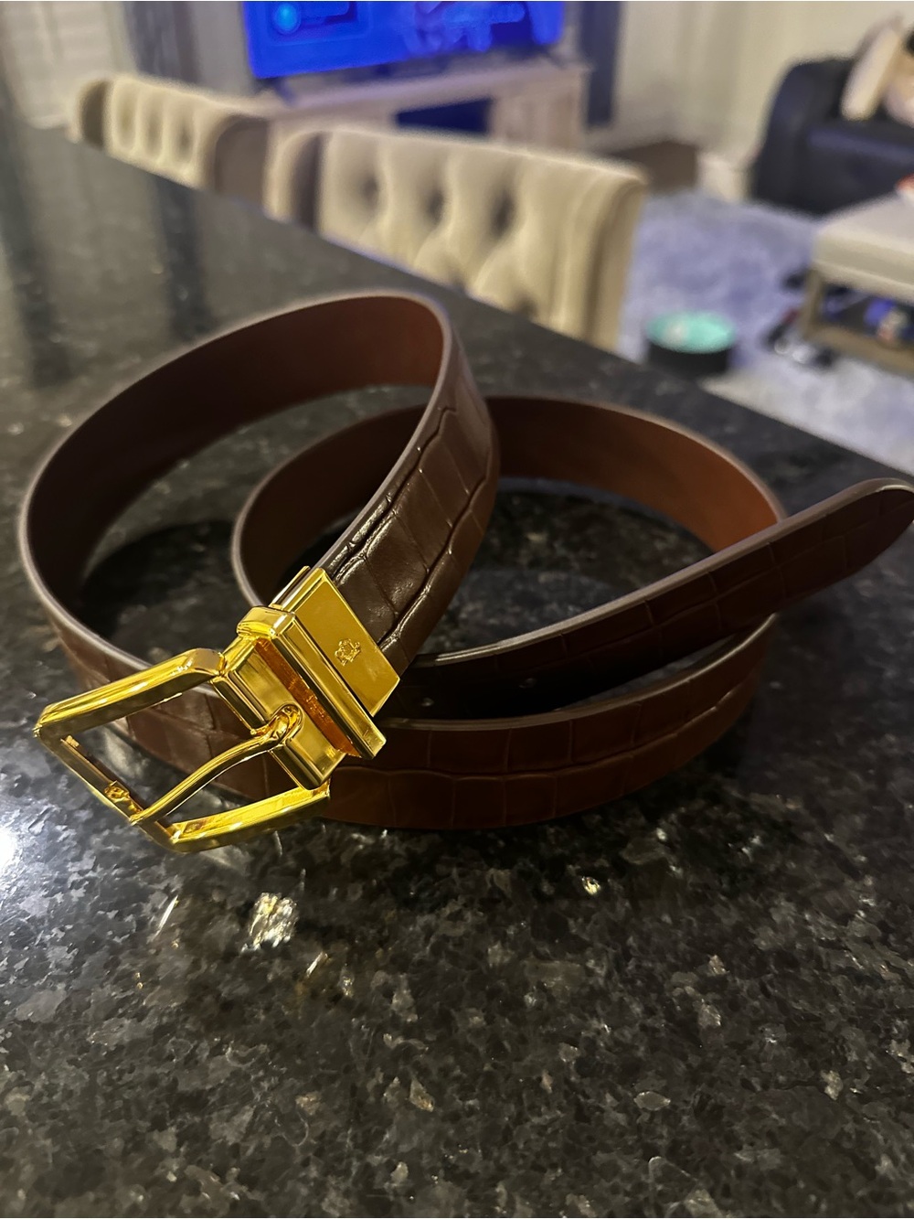 Polo by Ralph Lauren Brown Croc-Embossed Leather Belt with Gold Buckle
